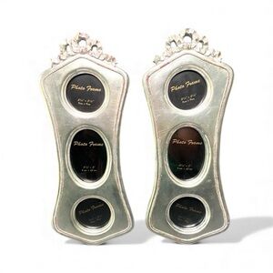 2 Vintage 16X7” Hanging Wall Picture Frames Sliver/Red Tone Trim Hold 3 Photos